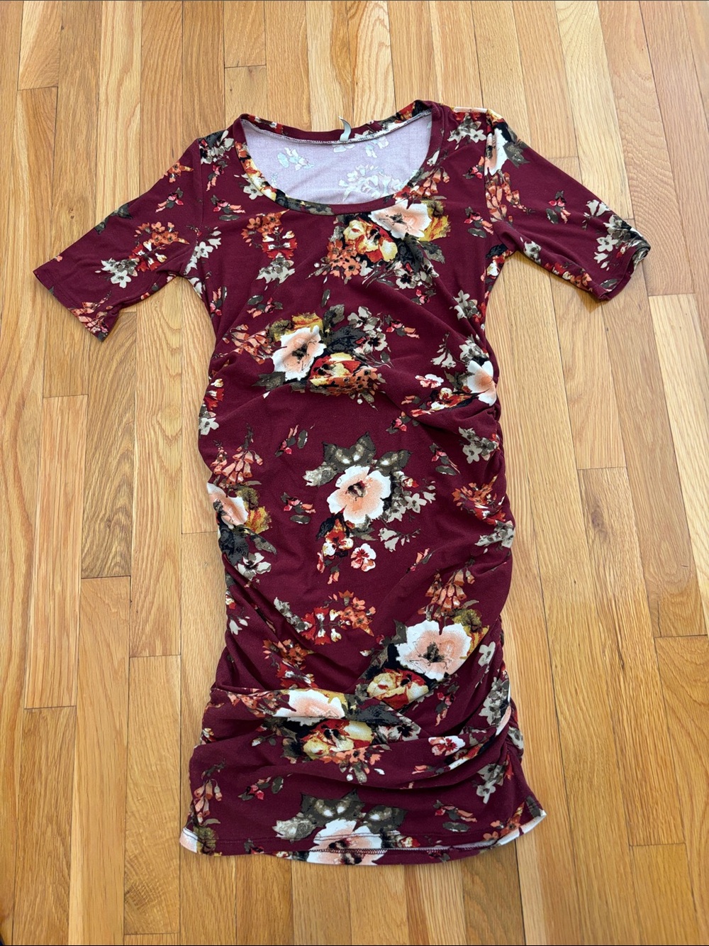 Mother Bee Maternity Burgundy Floral Scoop Neck Midi Dress